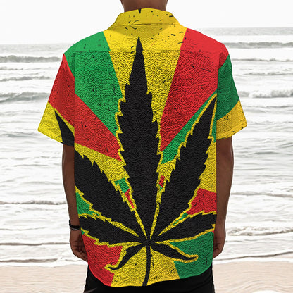 Cannabis Rasta Print Textured Short Sleeve Shirt