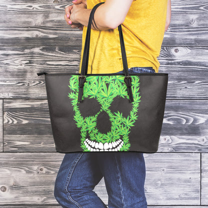 Cannabis Skull Print Leather Tote Bag