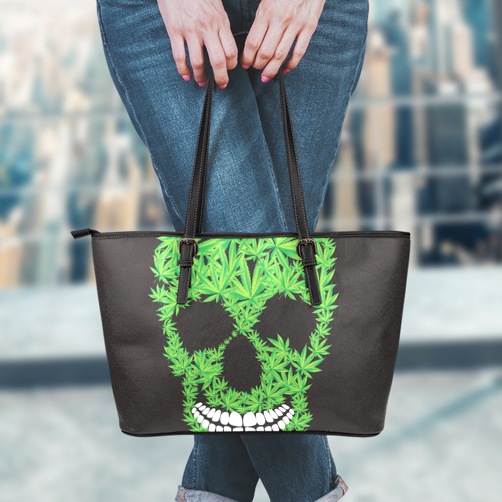 Cannabis Skull Print Leather Tote Bag