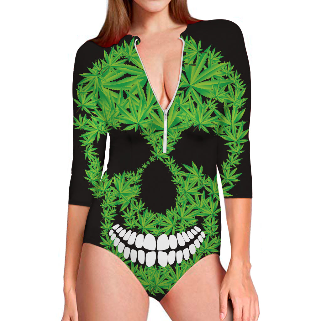 Cannabis Skull Print Long Sleeve Swimsuit