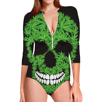 Cannabis Skull Print Long Sleeve Swimsuit