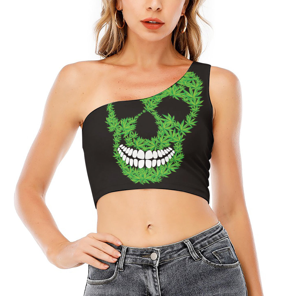 Cannabis Skull Print One Shoulder Crop Top