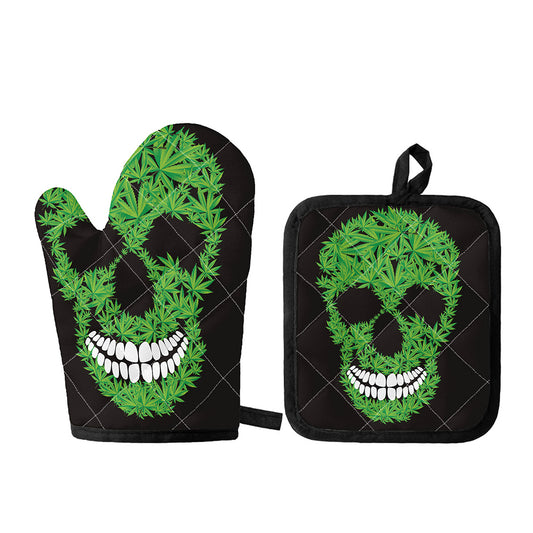 Cannabis Skull Print Oven Mitt And Pot Holder Set