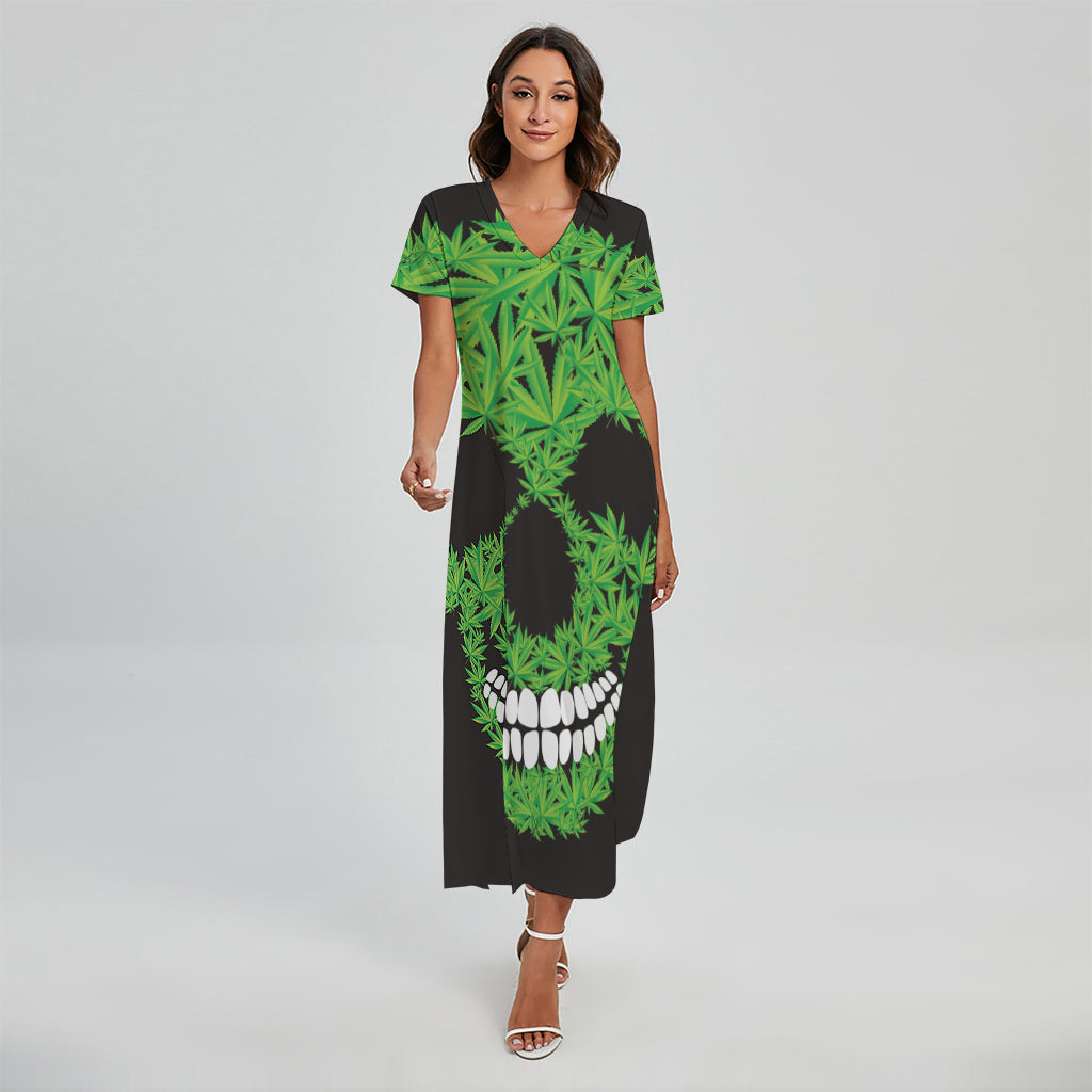 Cannabis Skull Print Short Sleeve Maxi Dress