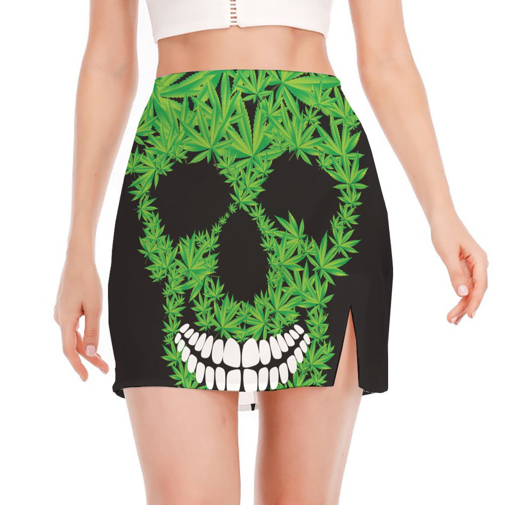 Cannabis Skull Print Side Slit Mini Skirt