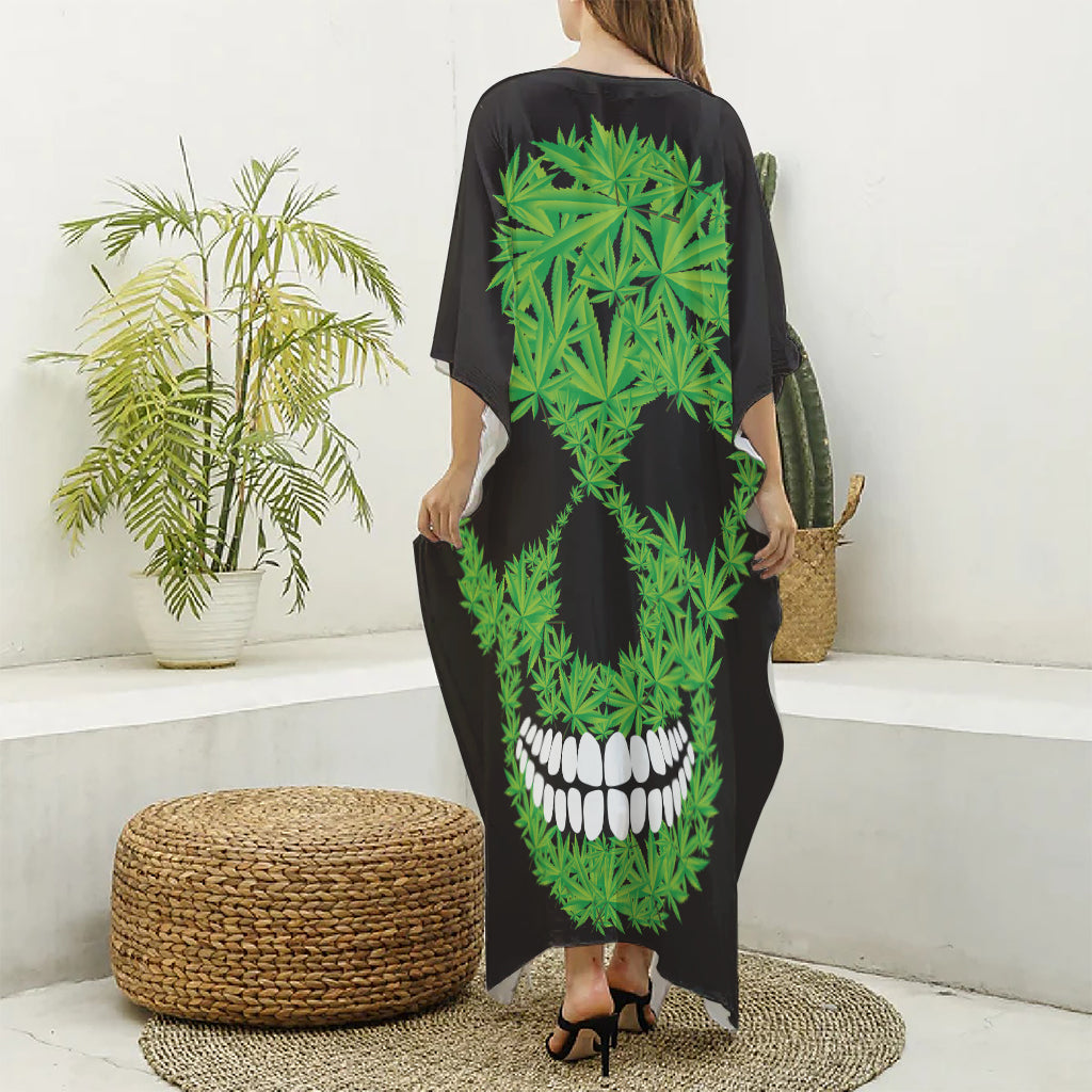 Cannabis Skull Print Silk V-Neck Kaftan Dress