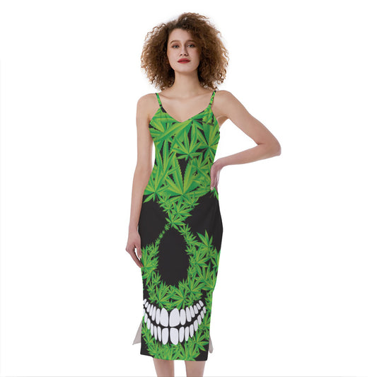 Cannabis Skull Print Slim Fit Midi Cami Dress