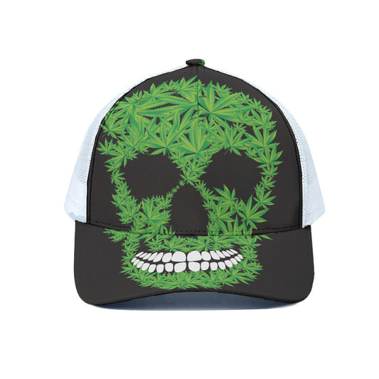 Cannabis Skull Print White Mesh Trucker Cap