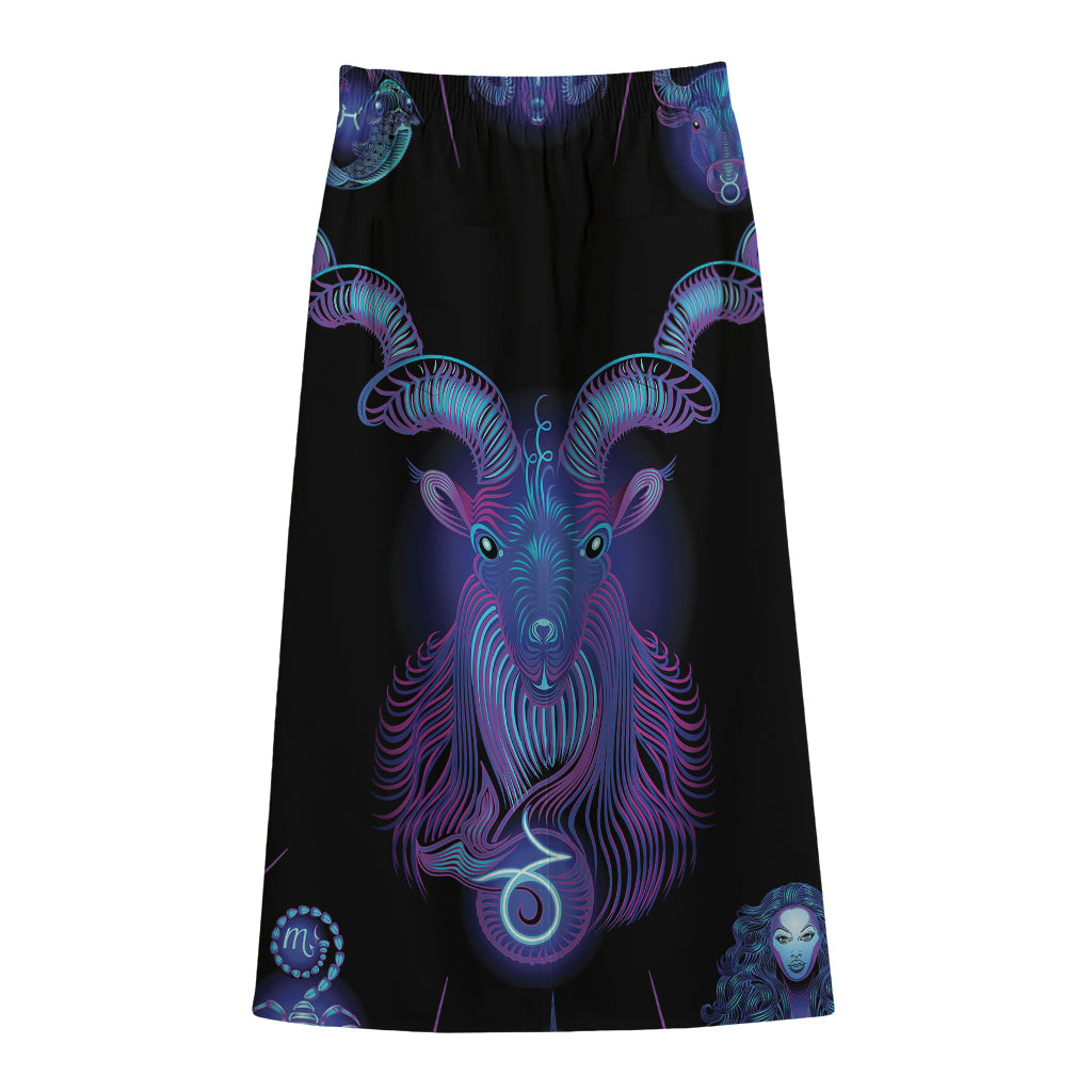 Capricorn And Astrological Signs Print Cotton Front Slit Maxi Skirt