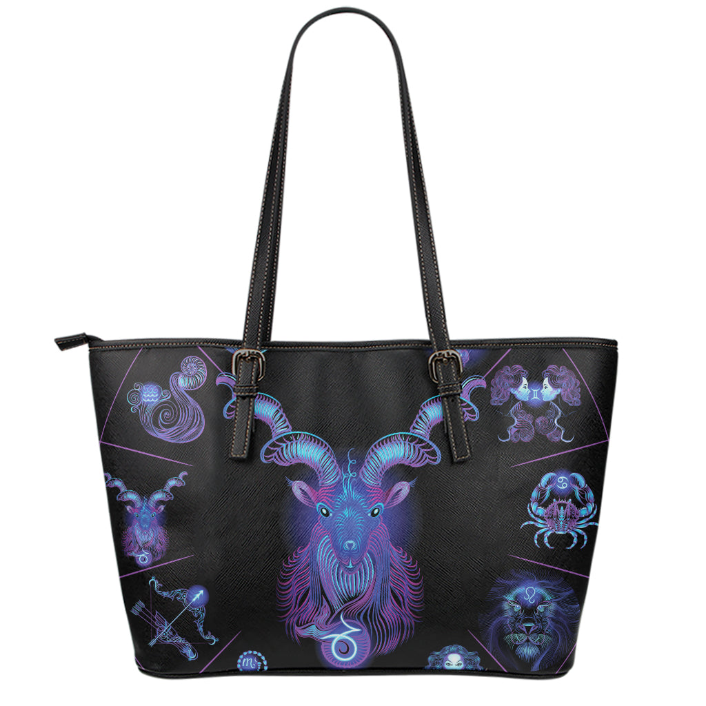 Capricorn And Astrological Signs Print Leather Tote Bag