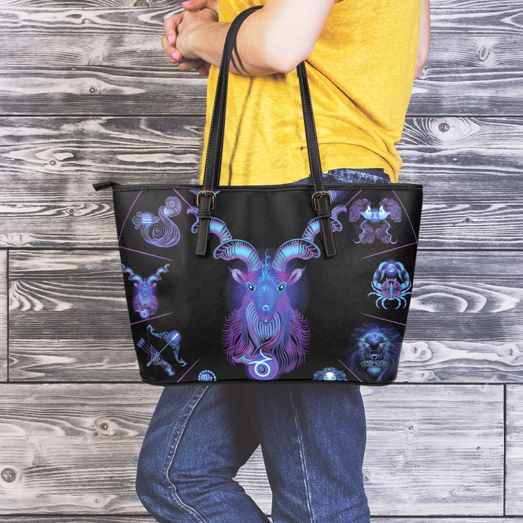 Capricorn And Astrological Signs Print Leather Tote Bag