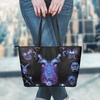 Capricorn And Astrological Signs Print Leather Tote Bag