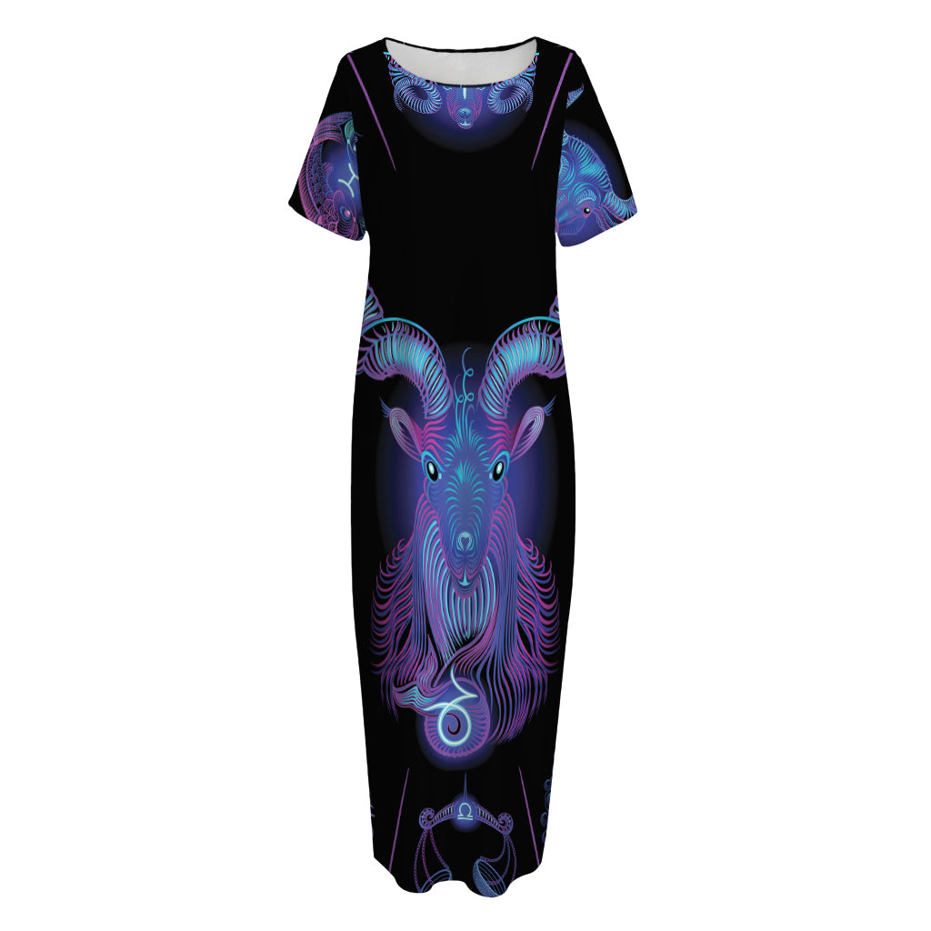 Capricorn And Astrological Signs Print Short Sleeve Long Nightdress