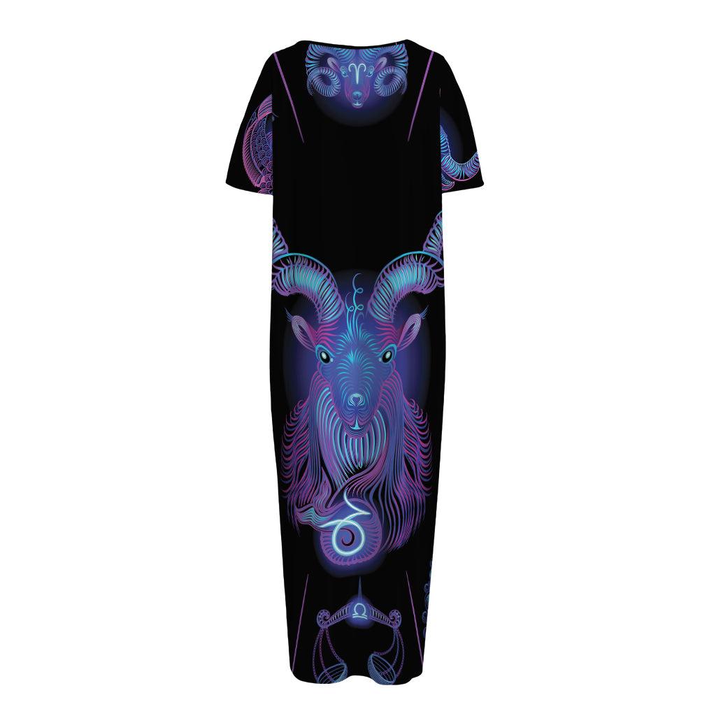 Capricorn And Astrological Signs Print Short Sleeve Long Nightdress