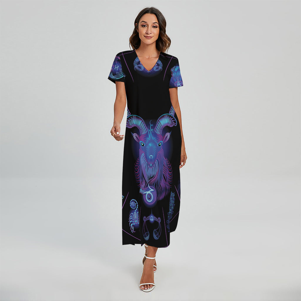 Capricorn And Astrological Signs Print Short Sleeve Maxi Dress