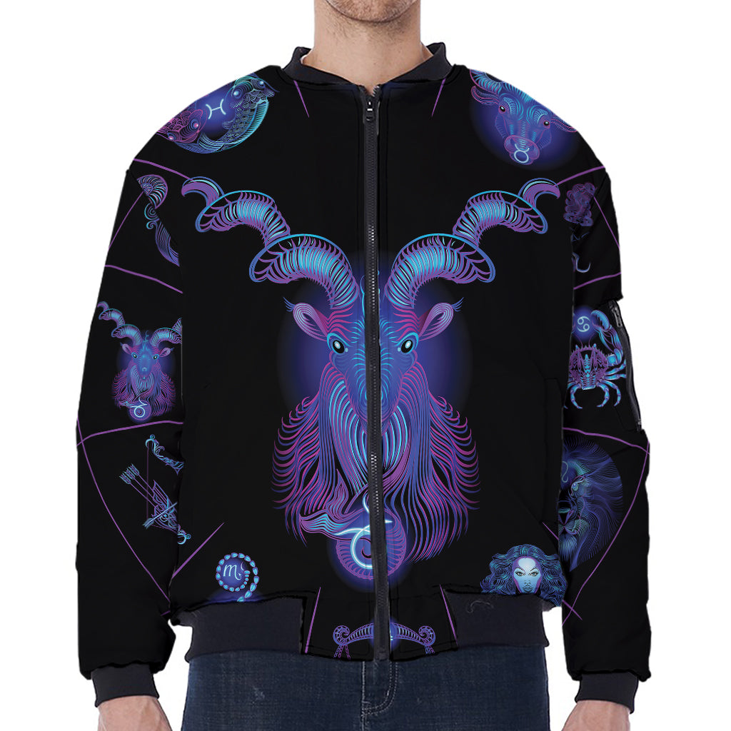 Capricorn And Astrological Signs Print Zip Sleeve Bomber Jacket