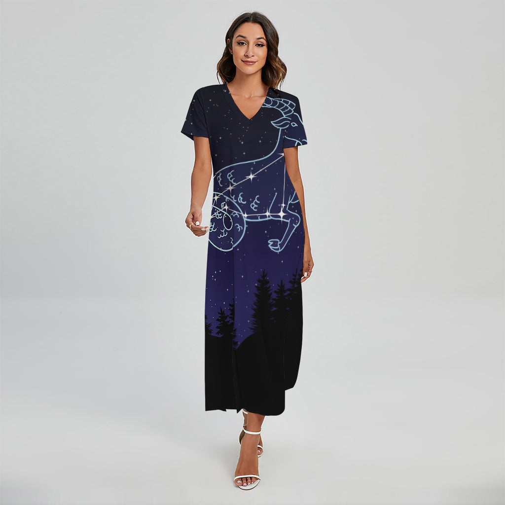 Capricorn Constellation Print Short Sleeve Maxi Dress