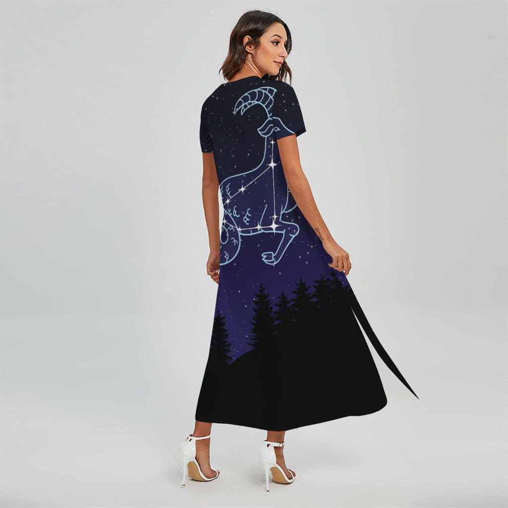 Capricorn Constellation Print Short Sleeve Maxi Dress