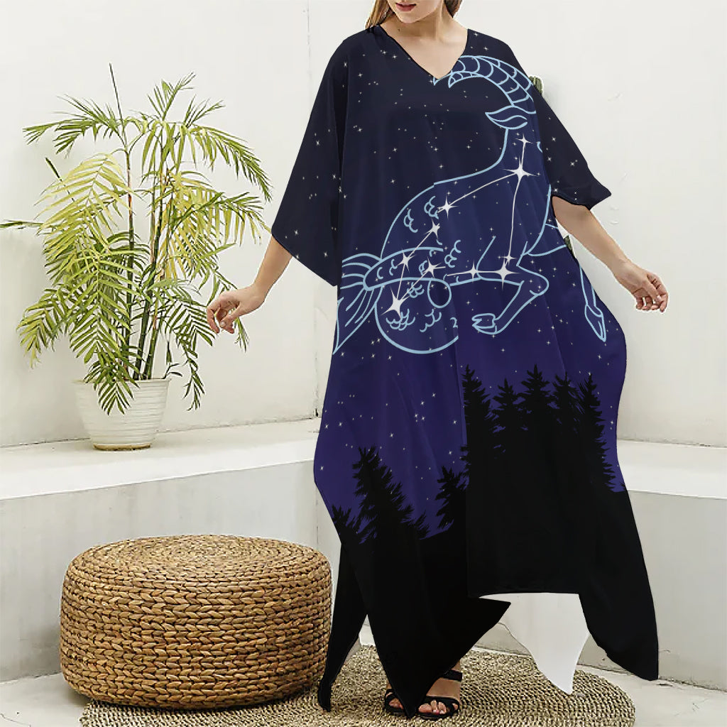 Capricorn Constellation Print Silk V-Neck Kaftan Dress