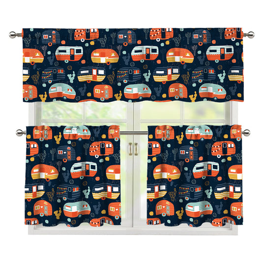 Caravan Camping Pattern Print 3 Piece Kitchen Curtains