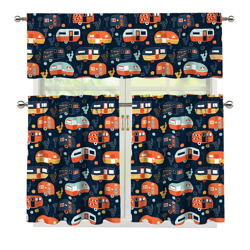 Caravan Camping Pattern Print 3 Piece Kitchen Curtains