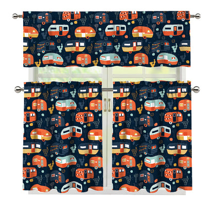 Caravan Camping Pattern Print 3 Piece Kitchen Curtains