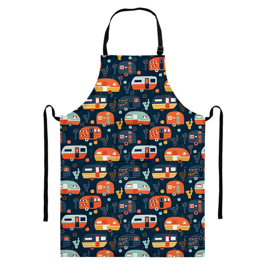 Caravan Camping Pattern Print Bib Apron With Pocket