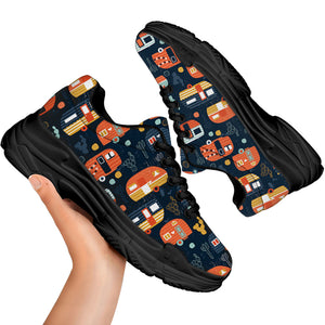 Caravan Camping Pattern Print Black Chunky Shoes