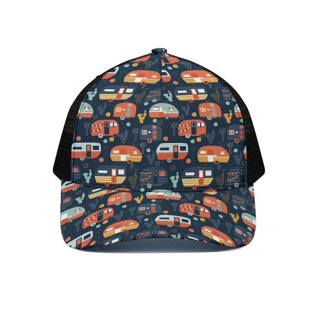 Caravan Camping Pattern Print Black Mesh Trucker Cap