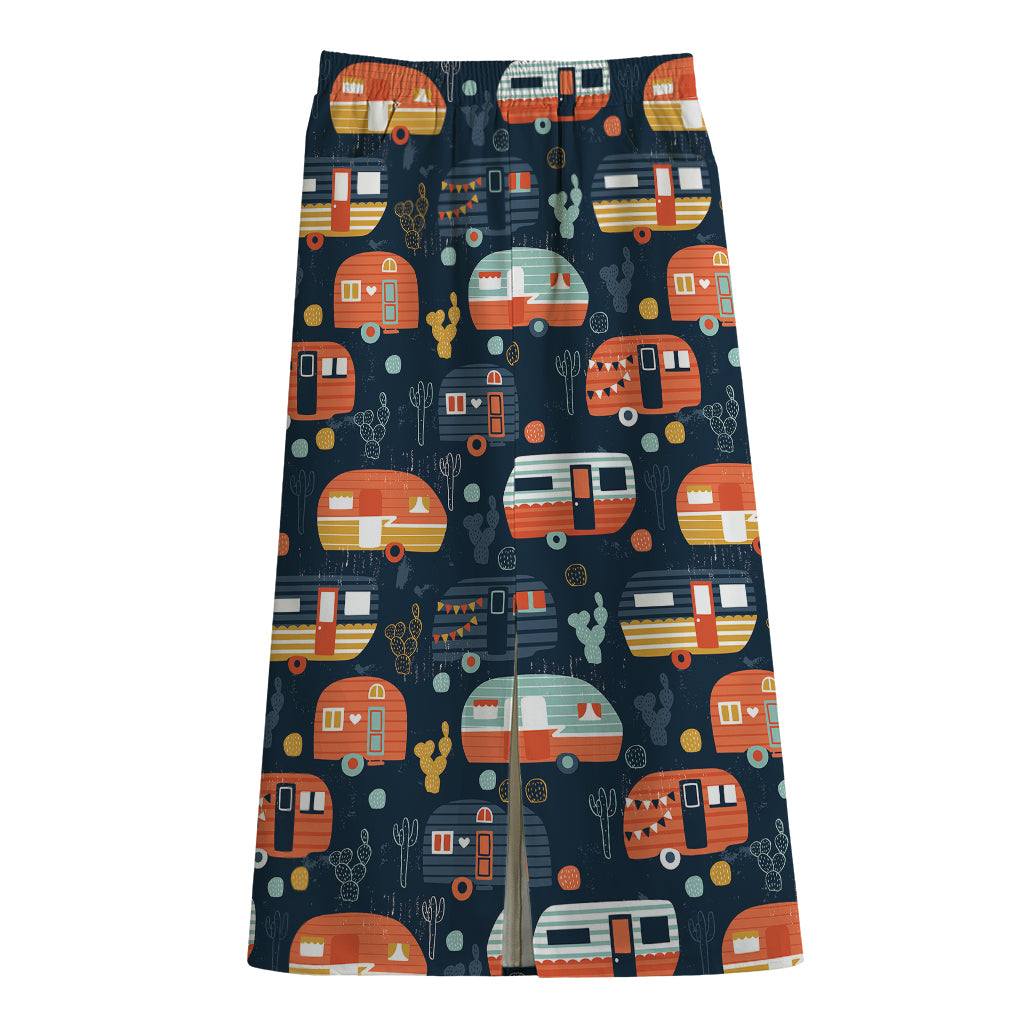 Caravan Camping Pattern Print Cotton Front Slit Maxi Skirt