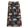 Caravan Camping Pattern Print Cotton Front Slit Maxi Skirt