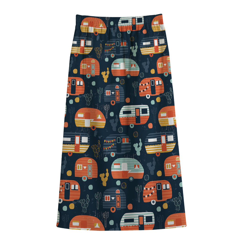 Caravan Camping Pattern Print Cotton Front Slit Maxi Skirt