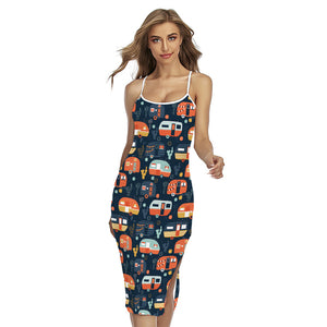 Caravan Camping Pattern Print Cross Back Cami Dress