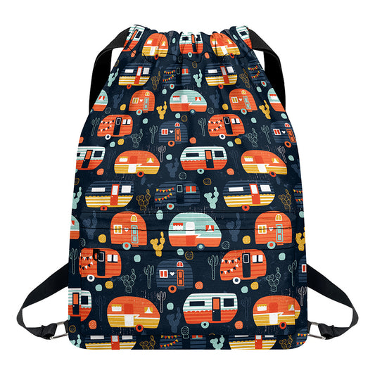 Caravan Camping Pattern Print Drawstring Backpack
