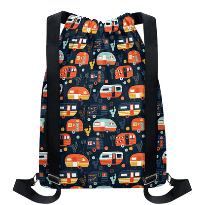Caravan Camping Pattern Print Drawstring Backpack