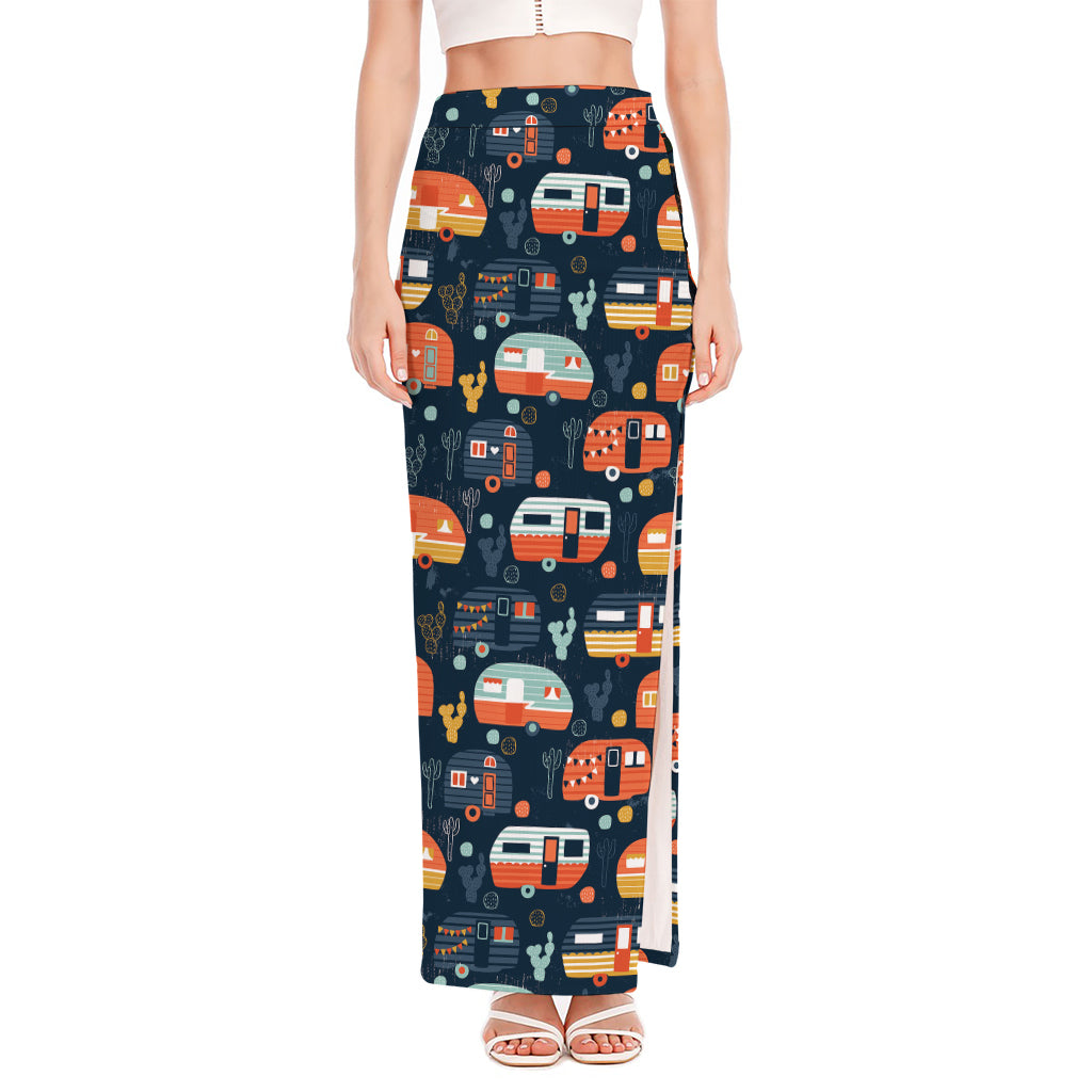 Caravan Camping Pattern Print High Slit Maxi Skirt