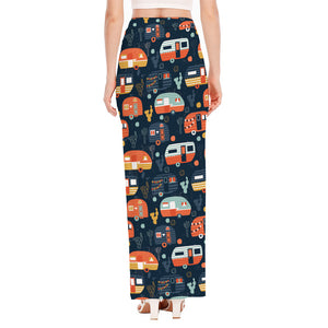 Caravan Camping Pattern Print High Slit Maxi Skirt