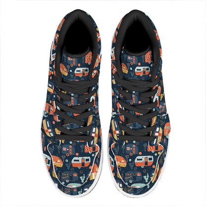 Caravan Camping Pattern Print High Top Leather Sneakers