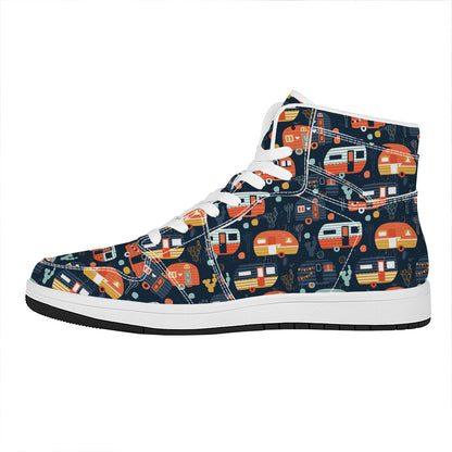 Caravan Camping Pattern Print High Top Leather Sneakers