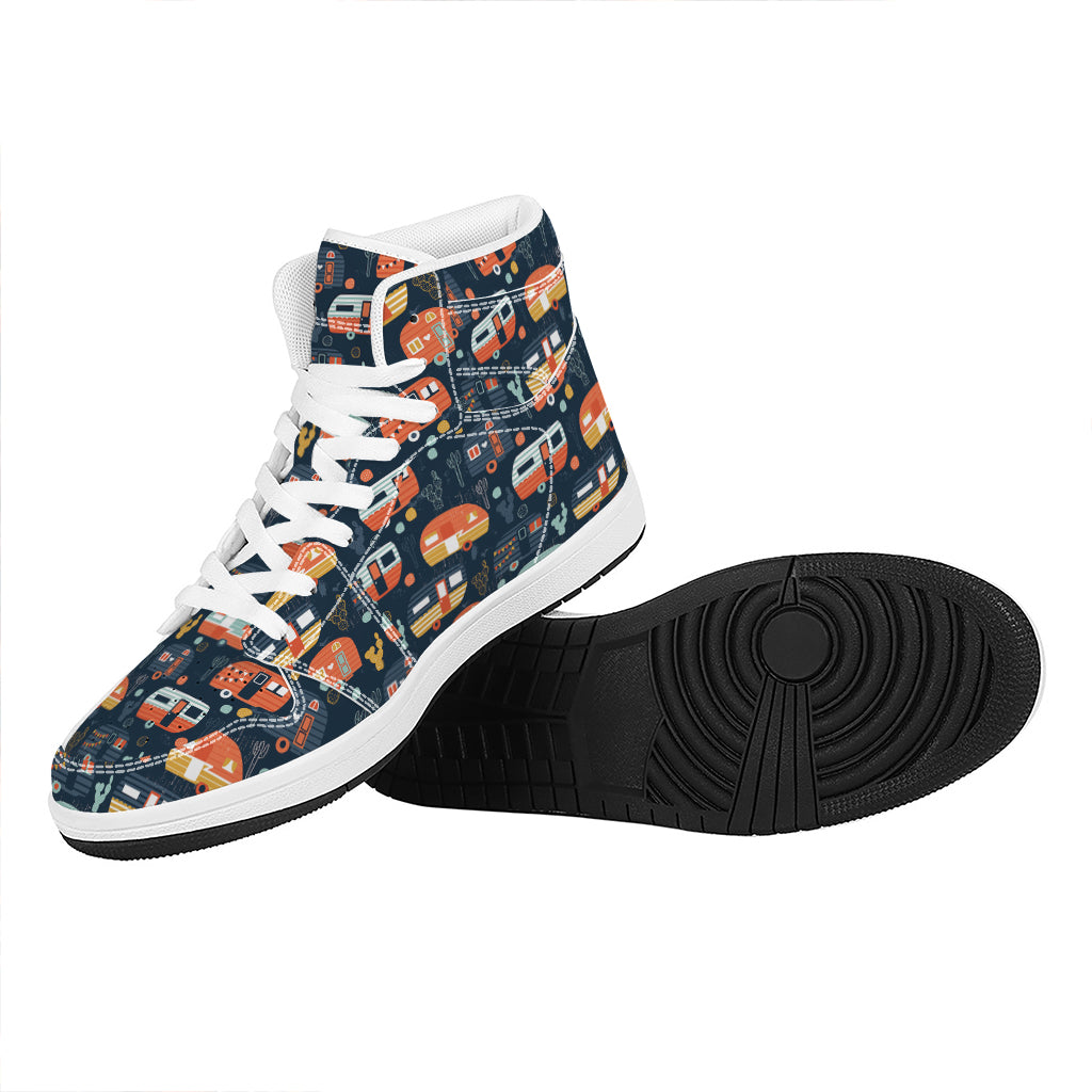 Caravan Camping Pattern Print High Top Leather Sneakers