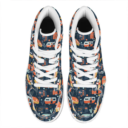 Caravan Camping Pattern Print High Top Leather Sneakers