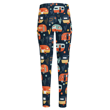 Caravan Camping Pattern Print High-Waisted Pocket Leggings