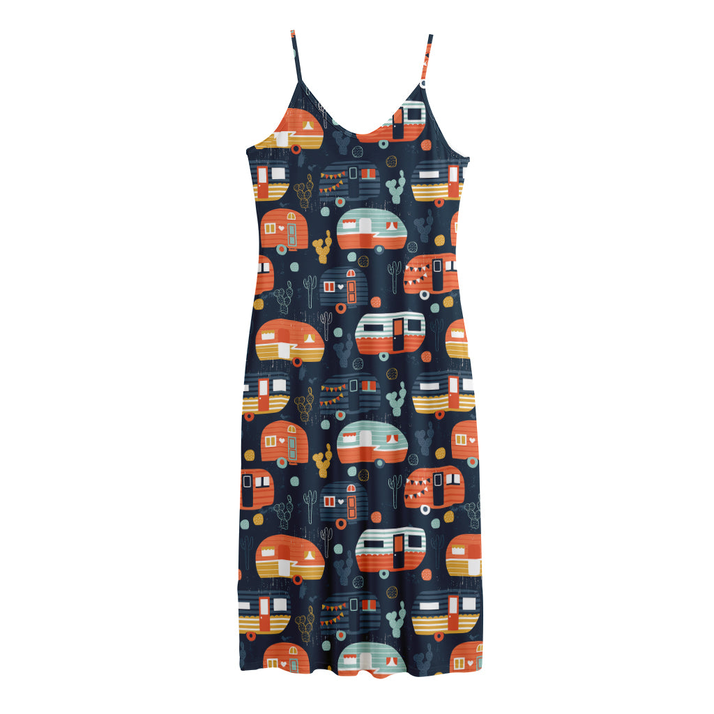 Caravan Camping Pattern Print Jersey Midi Cami Dress