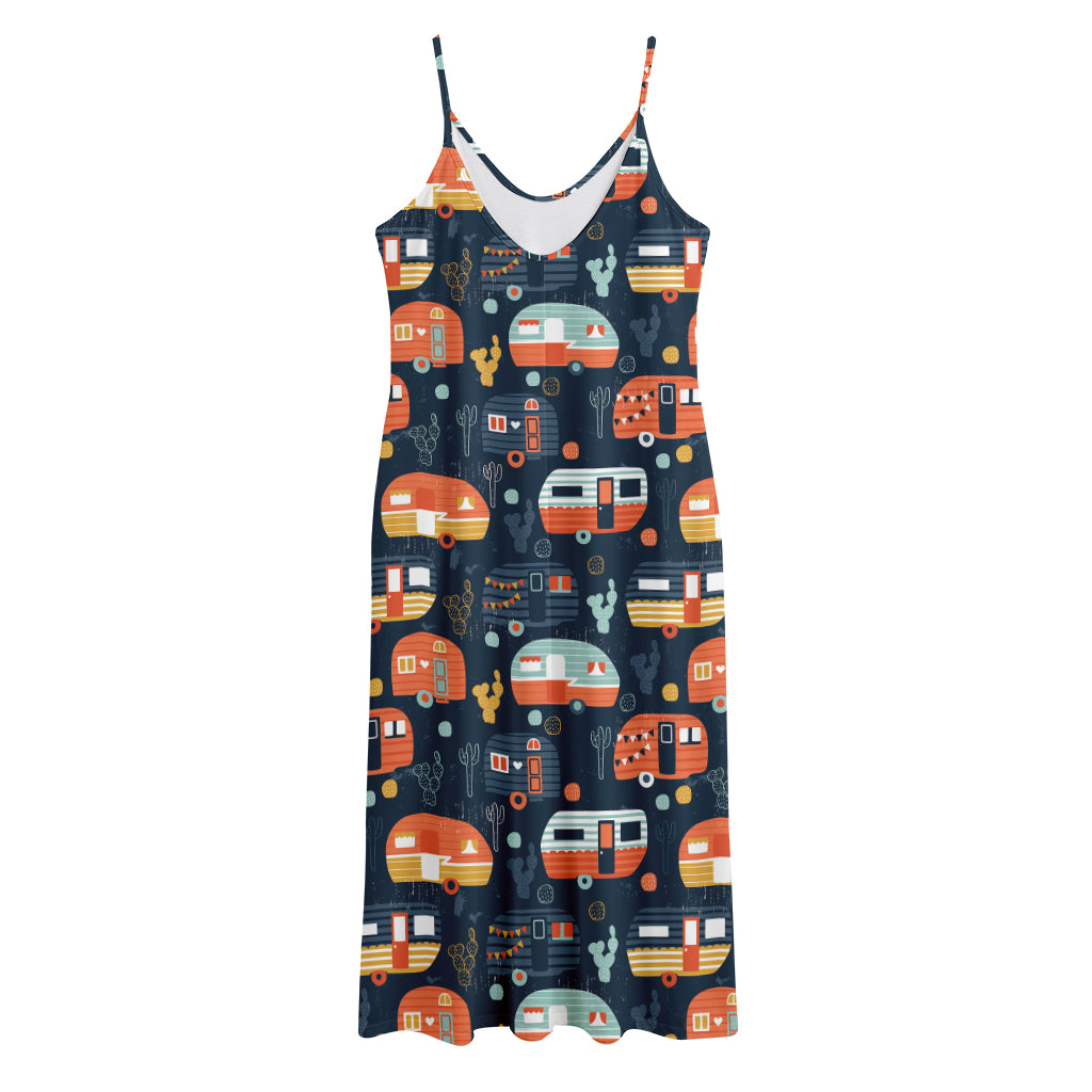 Caravan Camping Pattern Print Jersey Midi Cami Dress