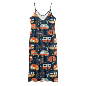 Caravan Camping Pattern Print Jersey Midi Cami Dress