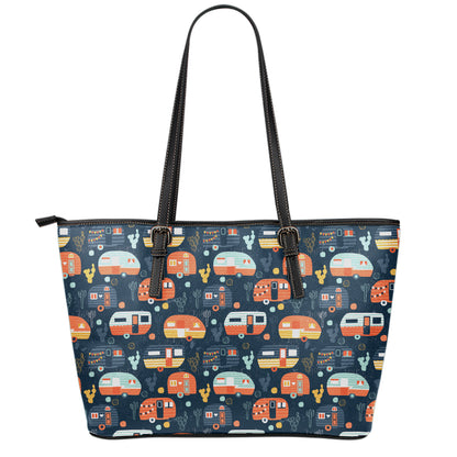 Caravan Camping Pattern Print Leather Tote Bag