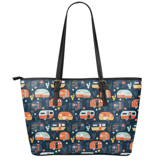 Caravan Camping Pattern Print Leather Tote Bag
