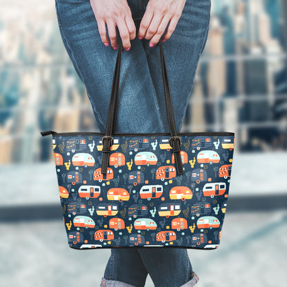 Caravan Camping Pattern Print Leather Tote Bag