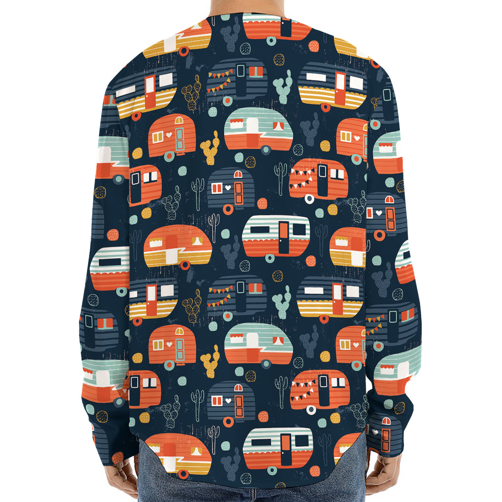 Caravan Camping Pattern Print Long Sleeve Baseball Jersey