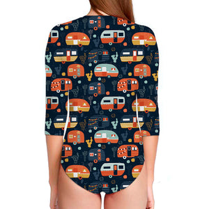 Caravan Camping Pattern Print Long Sleeve Swimsuit